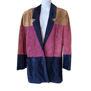 VTG Colorblock Suede‎ Leather Blazer Jacket Women M Burgundy Tan Navy 80's Artsy
